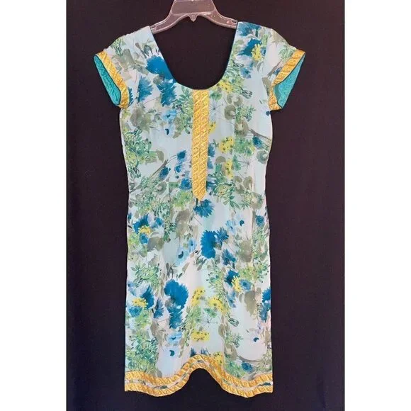 Handmade | Dresses | Vtg Handmade Asian Inspired Gold Trim Side Slit Sheath  Dress Small Medium Floral | Poshmark